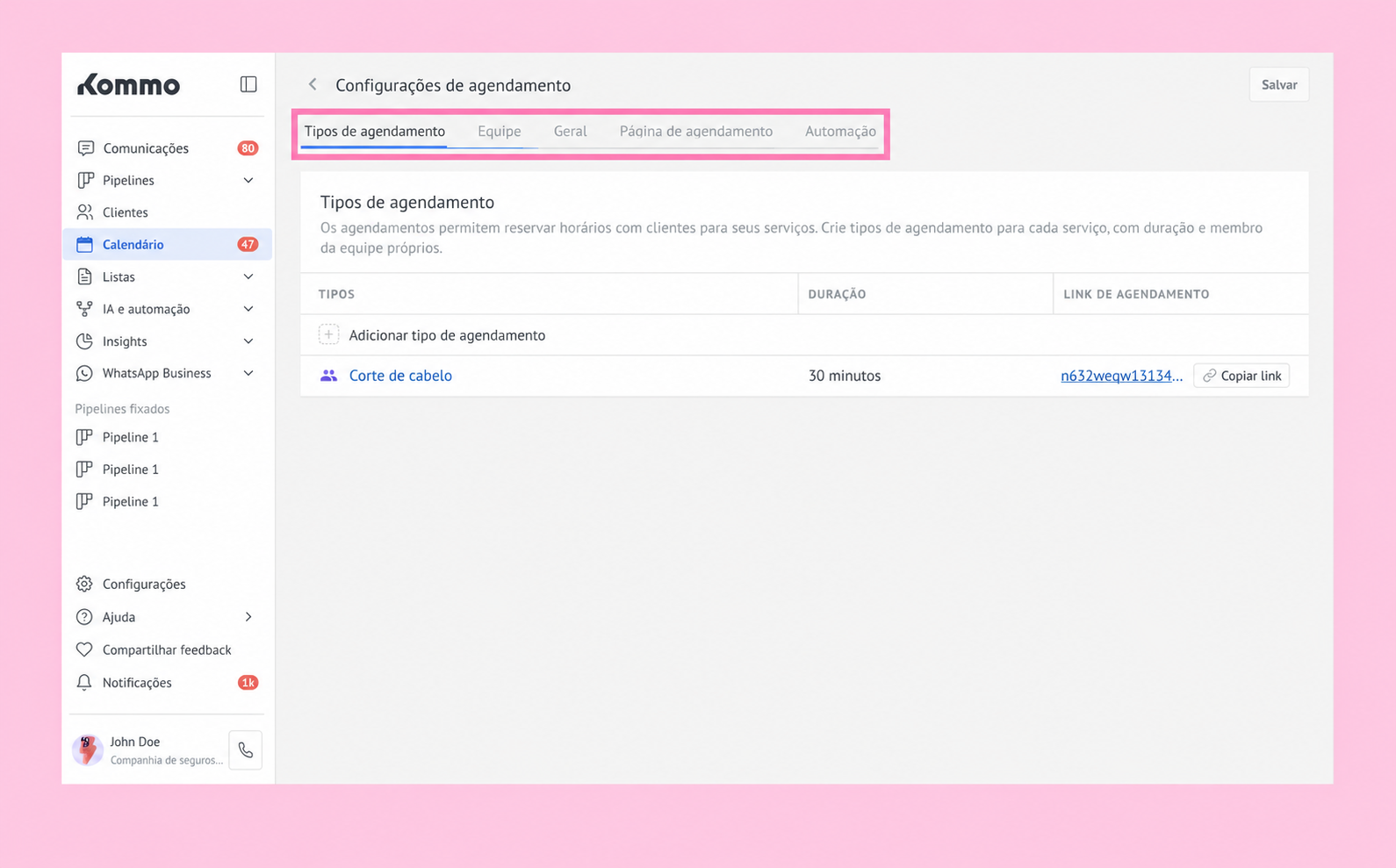 Settings page for appointment types in Kommo, showing options and links.